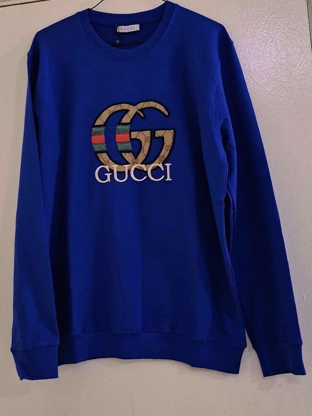 Gucci Men's Cobalt Blue GG Logo Crewneck with Green-Red Stripe